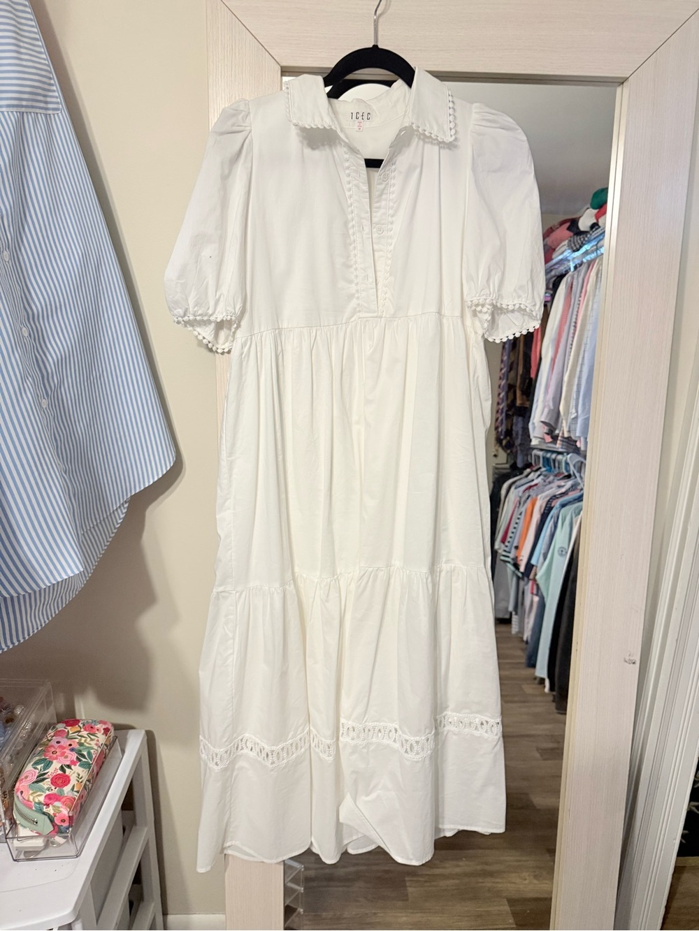 TCEC White Puff Sleeve Maxi Dress with Lace Trim